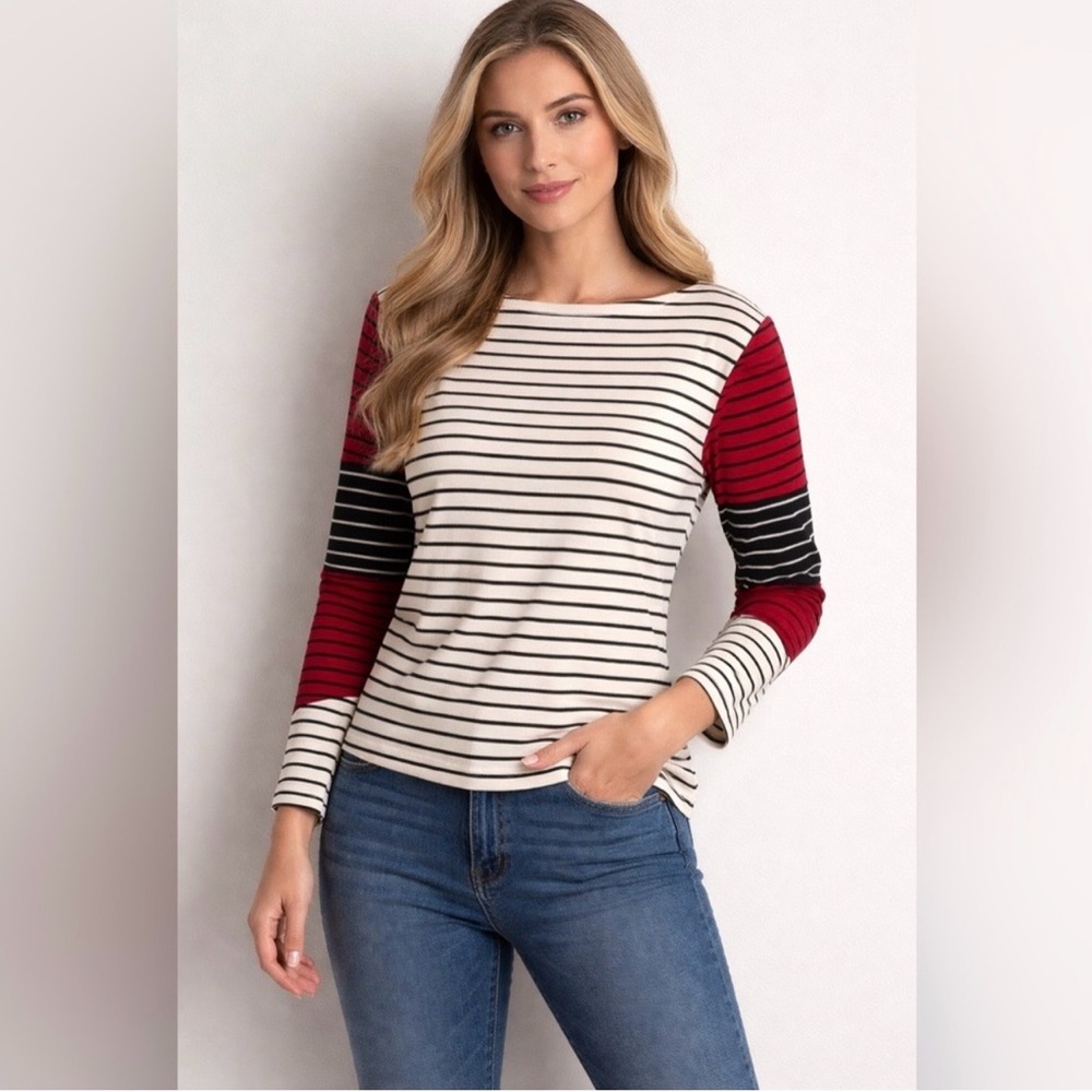 Nautica Striped Colorblock Long Sleeve Top NWT Red Navy L